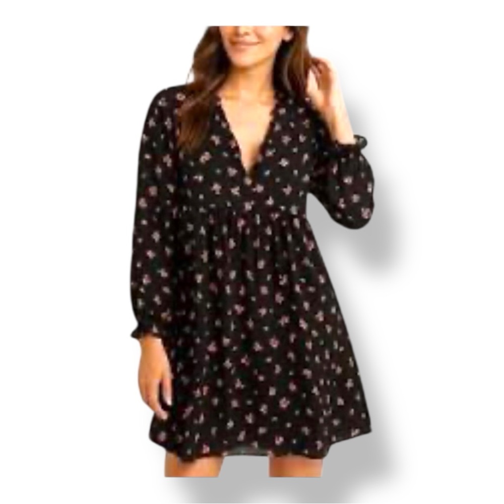 Forever 21 Womens Babydoll Mini Dress Y2K Whimsigoth Fairy Grunge Black Floral M